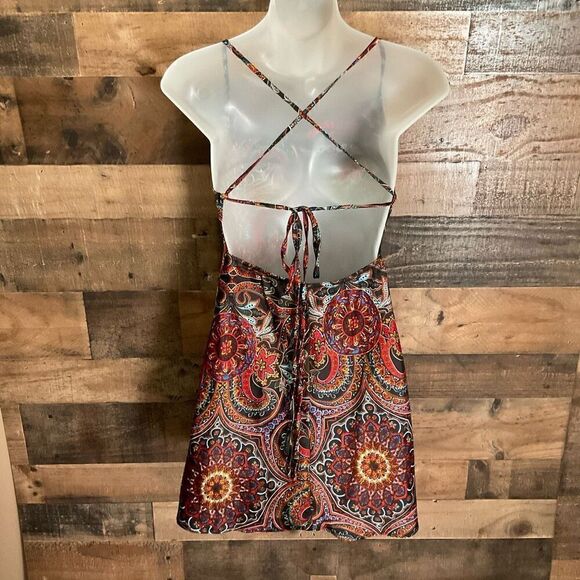 SHEIN Mini Dress Crisscross Tie Back Paisley Orange Red Black Multi Junior XS - Picture 8 of 9